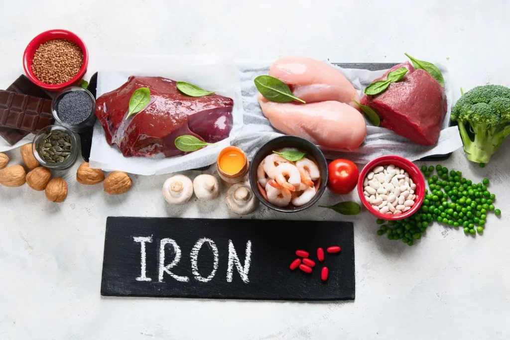 Iron supplements and food items.