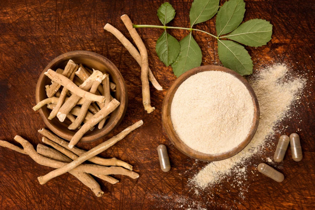 ashwagandha powder and roots and pills on the table
bounty