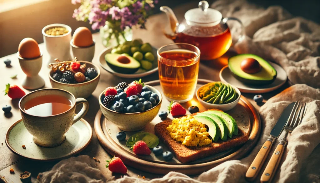 A cozy breakfast setup featuring scrambled eggs, whole-grain toast, avocado, herbal tea, and mixed berries, highlighting vitamin-rich foods that promote emotional well-being.