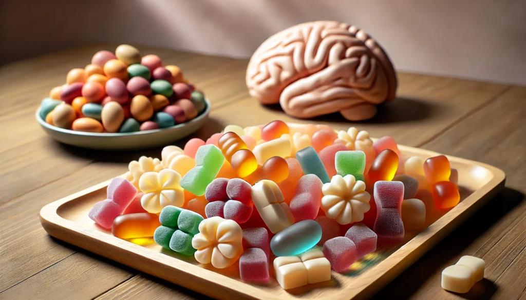 An assortment of colorful, soft gummy supplements arranged on a wooden tray. The gummies are shaped in various forms, representing different nutrients for cognitive health. The background features a neutral, softly lit setting, enhancing the visual appeal of the gummies.