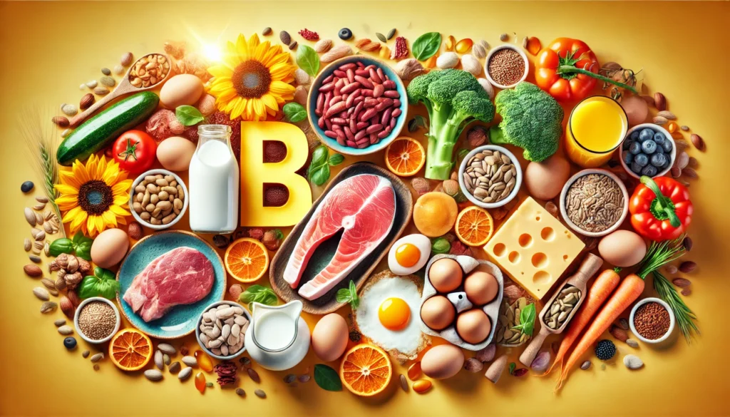A vibrant and energetic display of B vitamin-rich foods, including lean meats, eggs, legumes, dairy, and seeds, arranged in a visually appealing composition symbolizing vitality, metabolism support, and energy production.