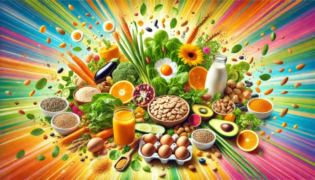 A vibrant composition of natural B vitamin sources, including eggs, whole grains, leafy greens, nuts, and dairy, arranged in a colorful spread symbolizing energy, vitality, and health.