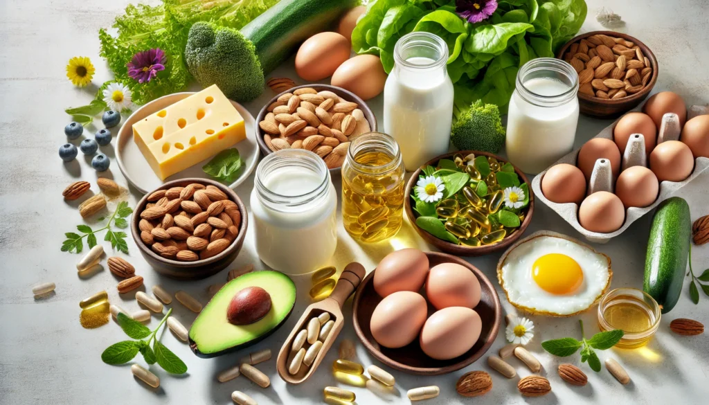 A health-focused arrangement featuring vitamin B supplement capsules alongside fresh foods like eggs, nuts, dairy, and leafy greens, highlighting the balance between natural and supplemental nutrition.