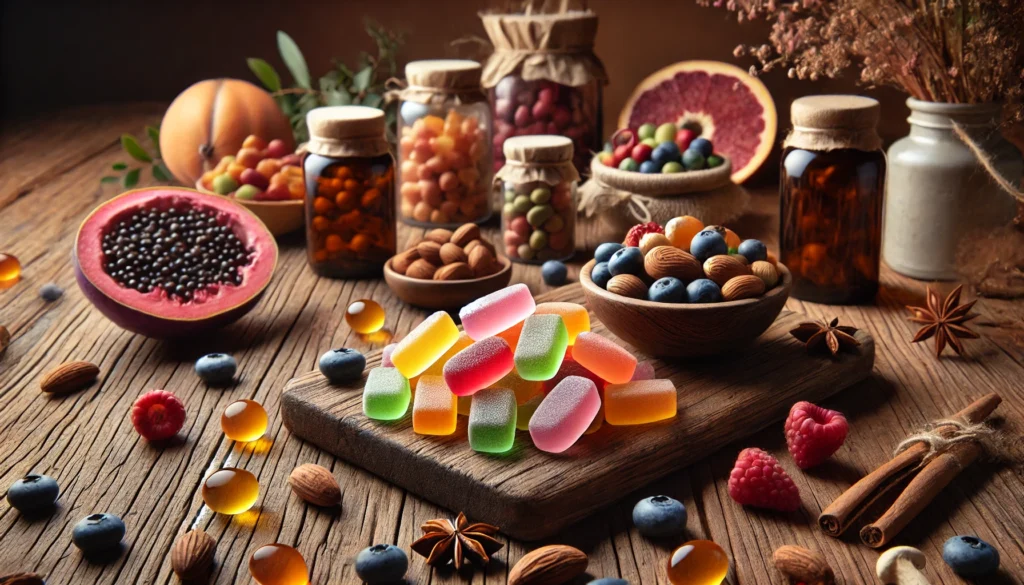 A collection of colorful gummy supplements displayed alongside natural ingredients like berries and nuts on a rustic wooden table. The gummies are soft and glossy, emphasizing their role in supporting brain health. The scene has a warm, earthy aesthetic with soft lighting.