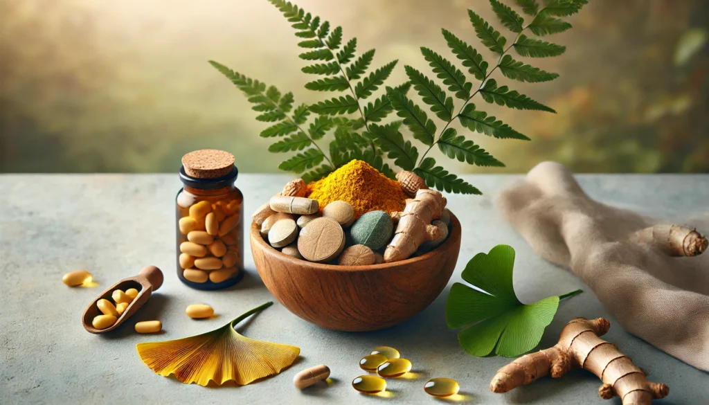 A wooden bowl filled with natural brain-boosting supplements, surrounded by fresh turmeric, ginkgo leaves, and omega-3 capsules, set against a calming natural background with soft, earthy tones.