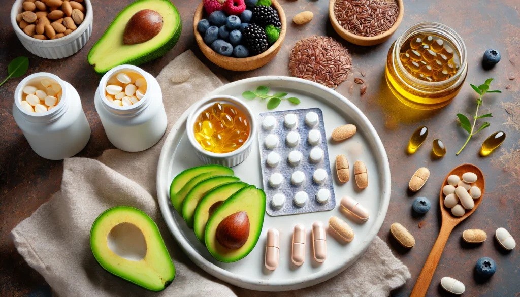 A neatly arranged collection of vitamin tablets and omega-3 softgels on a white ceramic plate, surrounded by brain-boosting foods like avocado, flaxseeds, and berries, supporting concentration and attention.