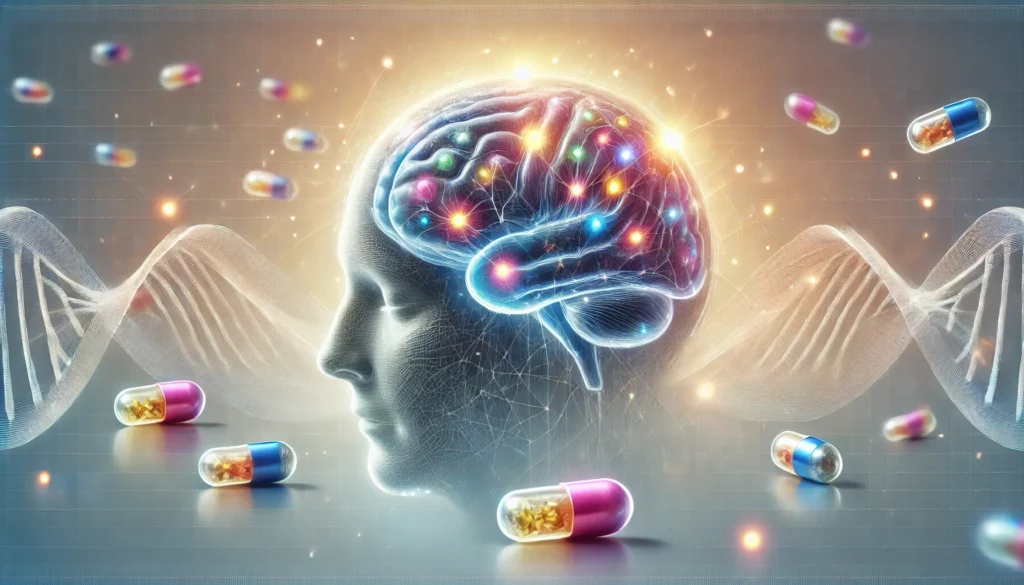 A human brain with fading neural connections surrounded by glowing multivitamin capsules, symbolizing cognitive recovery and mental clarity.