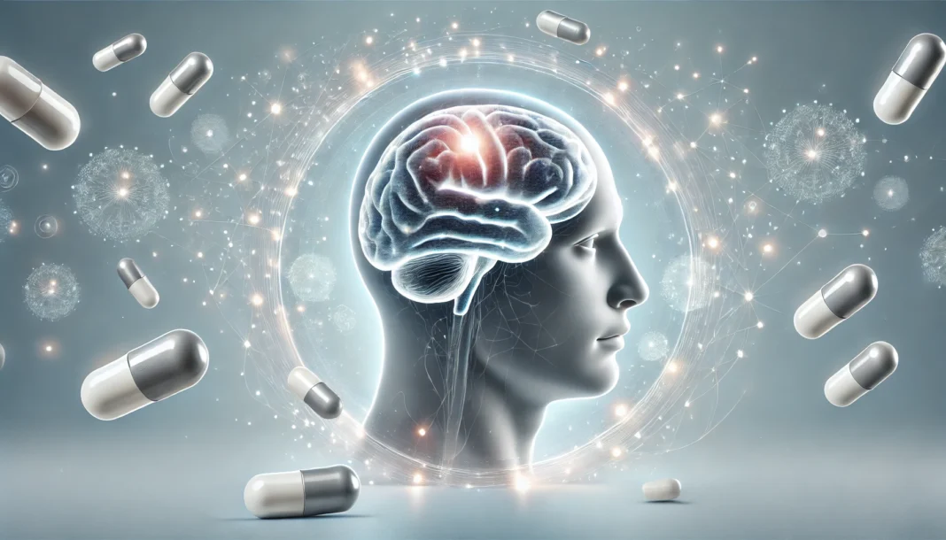 A futuristic visualization of a human brain with highlighted prefrontal cortex activity, surrounded by floating supplement capsules and glowing effects, symbolizing cognitive enhancement and executive function support.