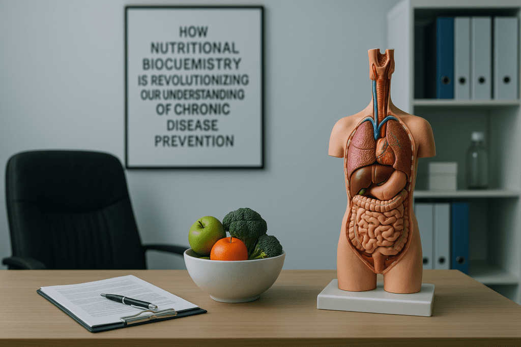 A clean clinical office space features a detailed anatomical model of the digestive system on a wooden desk, surrounded by fresh produce and educational materials. The bright, organized setting and medical visuals directly support the theme of how nutritional biochemistry is revolutionizing chronic disease prevention
