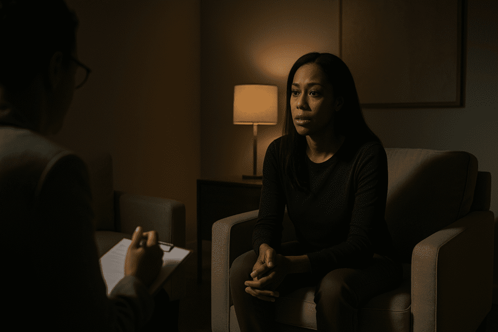 In a warmly lit therapy room, an African American woman listens attentively during a counseling session, her posture engaged and thoughtful. The scene captures the intersection of nutrition, mental health, and chronic disease prevention, visually reinforcing the article’s focus on biochemistry-informed care