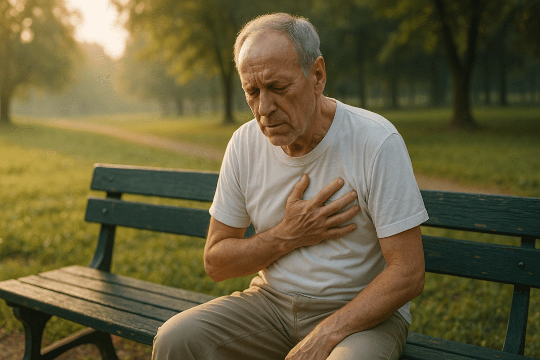 An older man with light skin sits alone on a worn green bench in a quiet park at sunrise, clutching his chest in visible discomfort. Soft natural morning light filters through the trees, emphasizing the emotional weight of late-stage diabetes complications and the potential mortality risk