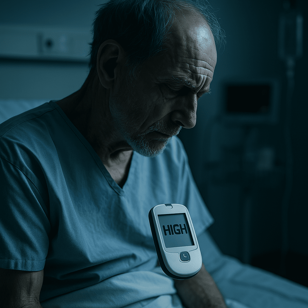 An elderly man wearing a hospital gown sits in a dimly lit hospital room under cool clinical lighting, looking down with a pained expression. A digital glucose monitor in his lap displays a "HIGH" alert, symbolizing the serious health consequences of unmanaged diabetes
