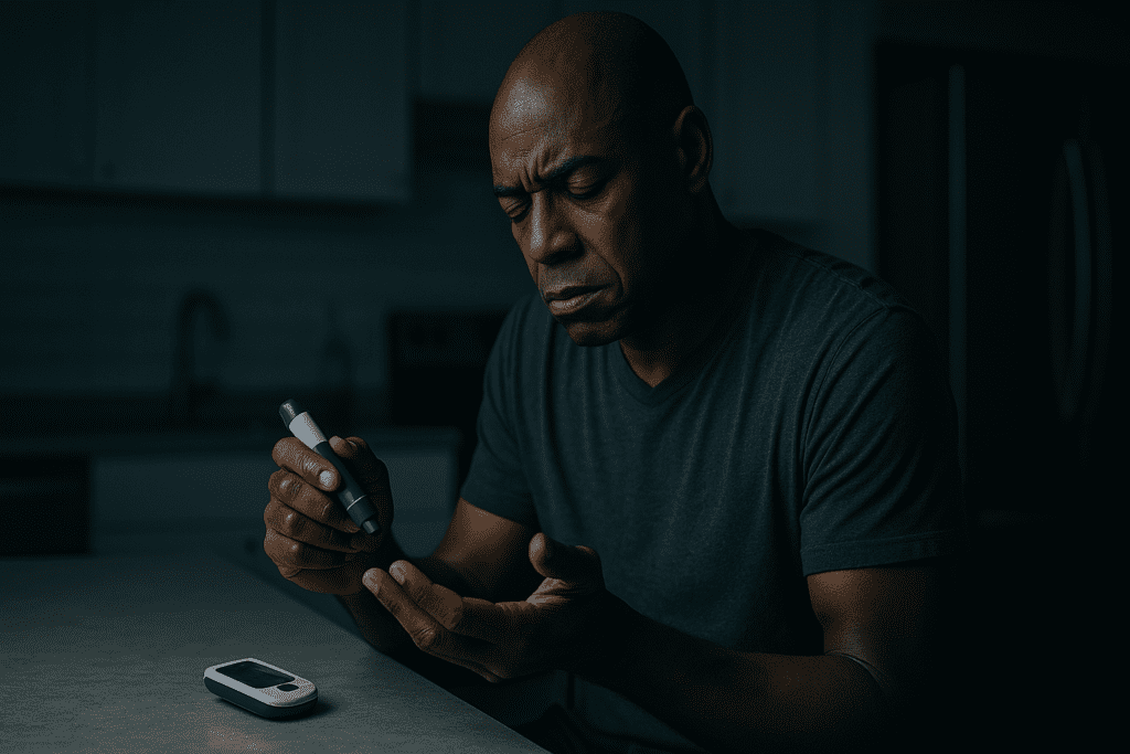 A middle-aged African-American man in a dark kitchen uses a lancing device to test his blood sugar, his face tense with concentration. The moody lighting and quiet environment underscore the daily burden and health vigilance required to manage advanced diabetes