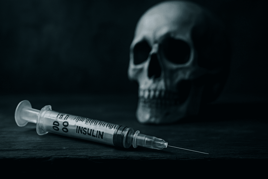 A close-up of an insulin syringe lies on a dark wooden surface, with a blurred human skull in the background. Dramatic shadows and a cold color palette emphasize the stark reality that late-stage diabetes, if untreated, can lead to life-threatening outcomes