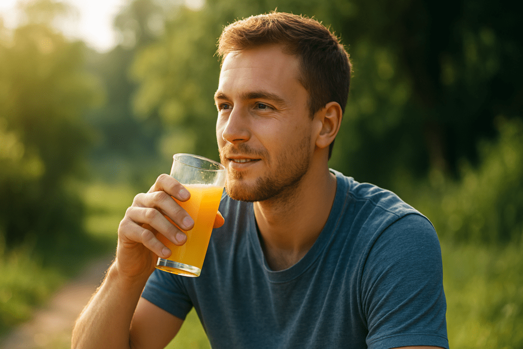 A photograph captures a young Caucasian man with short brown hair sitting at a sunlit breakfast table, holding a forkful of oatmeal topped with fruit, with soft natural morning light streaming through a kitchen window. This visually reflects glucose's role in fueling the body, especially in morning nutrition, aligning with the topic of glucose and metabolic health