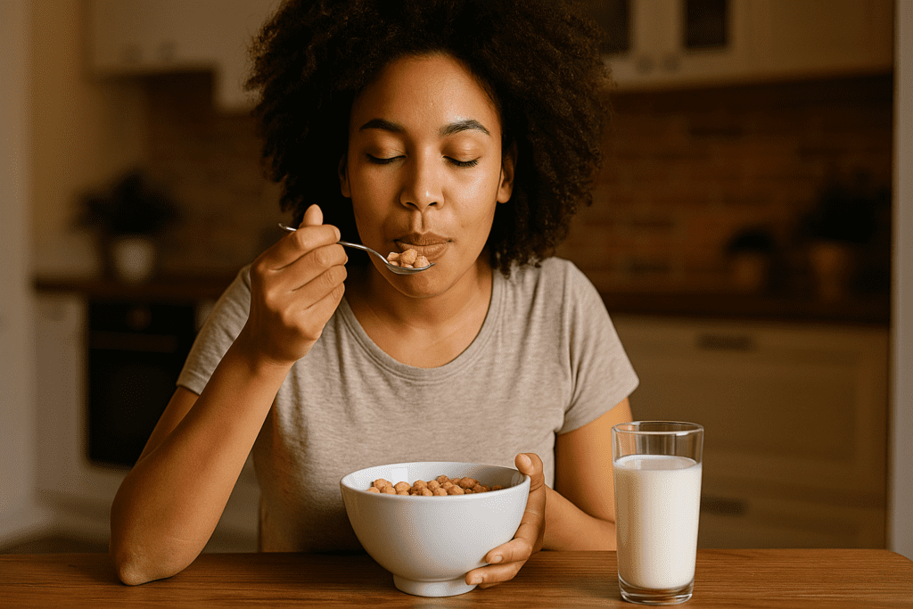 A high-resolution photograph captures an African American woman checking her blood glucose levels in a modern kitchen, with cool clinical lighting giving the space a clean, precise feel. The image emphasizes the health implications of glucose regulation and its impact on wellness, fitting the theme of glucose in health science