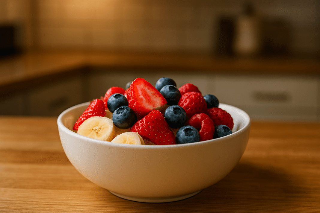 A close-up of a white ceramic bowl filled with sliced bananas and berries, placed on a wooden countertop under warm indoor ambient lighting. This scene subtly highlights how glucose from fruit contributes to energy production in the context of balanced meals, supporting the exploration of what glucose does for the body
