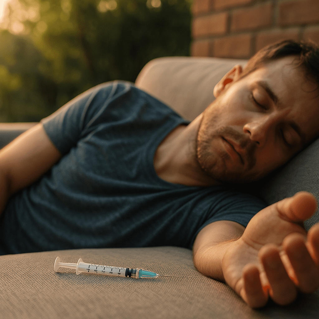 A young man in his late twenties lies unconscious on a patio couch at sunrise, with a used insulin syringe resting nearby, emphasizing the potential risk of insulin coma in a serene but concerning outdoor setting. The soft morning light casts gentle shadows, highlighting the seriousness of hypoglycemia-related medical emergencies