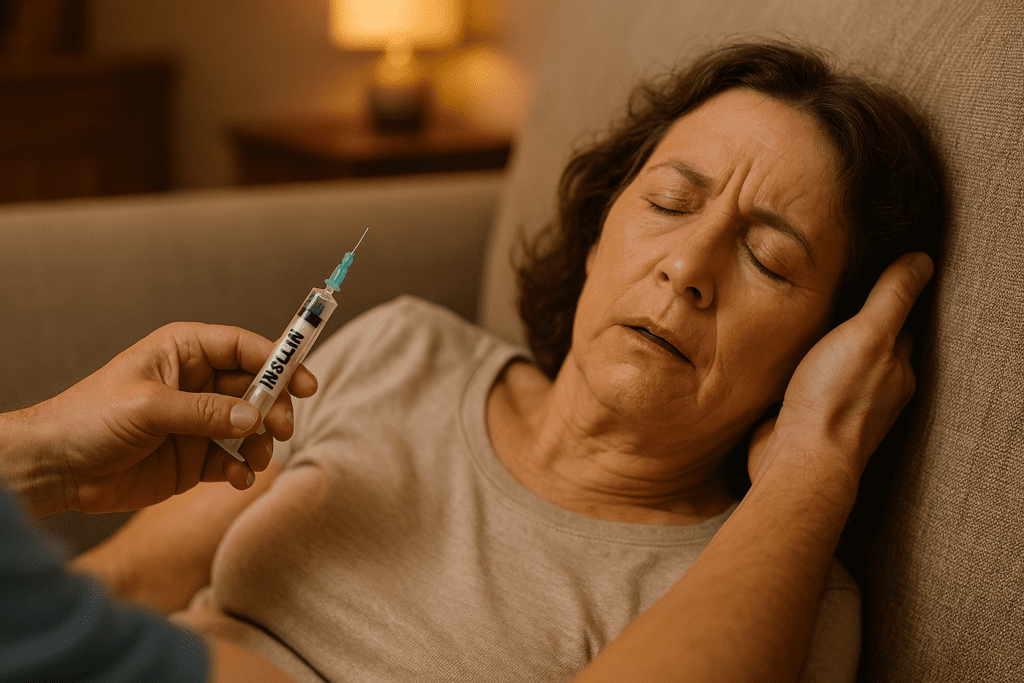 A middle-aged woman lies unconscious on a beige sofa under warm indoor lighting as a hand gently cradles her head and holds a clearly marked insulin syringe, conveying the risks and emergency care associated with insulin coma. The ambient setting emphasizes the seriousness of insulin overdose and evidence-based intervention in home environments