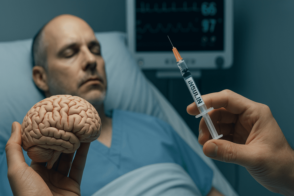 In a cool-lit hospital room, a sedated middle-aged man lies in a hospital bed while a medical professional holds both a labeled insulin syringe and a model of the human brain, symbolizing the neurological risks of insulin coma. A heart monitor in the background reinforces the clinical urgency and scientific exploration of evidence-based treatment strategies