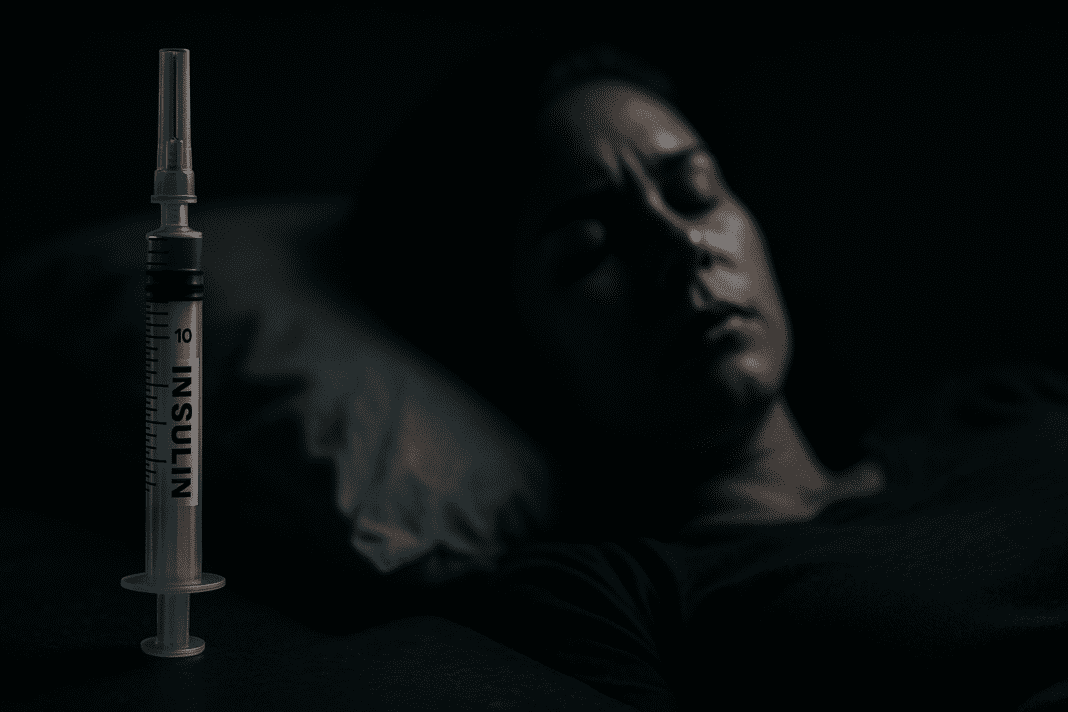 A dramatic, low-light image highlights a labeled insulin syringe in the foreground, while a young woman lies unconscious in the background, partially obscured in soft focus, emphasizing the critical danger of insulin coma. The moody shadows and cool color palette evoke the serious emotional tone of diabetic emergencies and underscore the need for awareness and clinical intervention