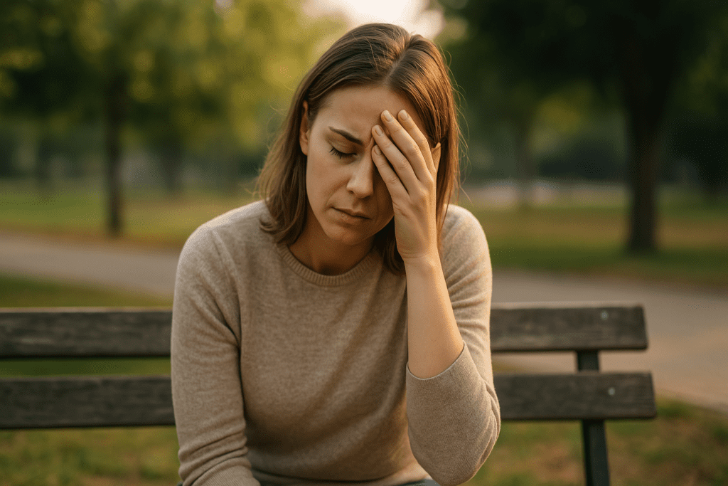 A young woman in her late twenties sits alone on a wooden bench in a quiet park, holding her forehead with a pained expression, surrounded by soft morning light filtering through green trees. This image visually represents the emotional toll of non-diabetic hypoglycemia symptoms during fasting, with a natural outdoor setting and subdued mood