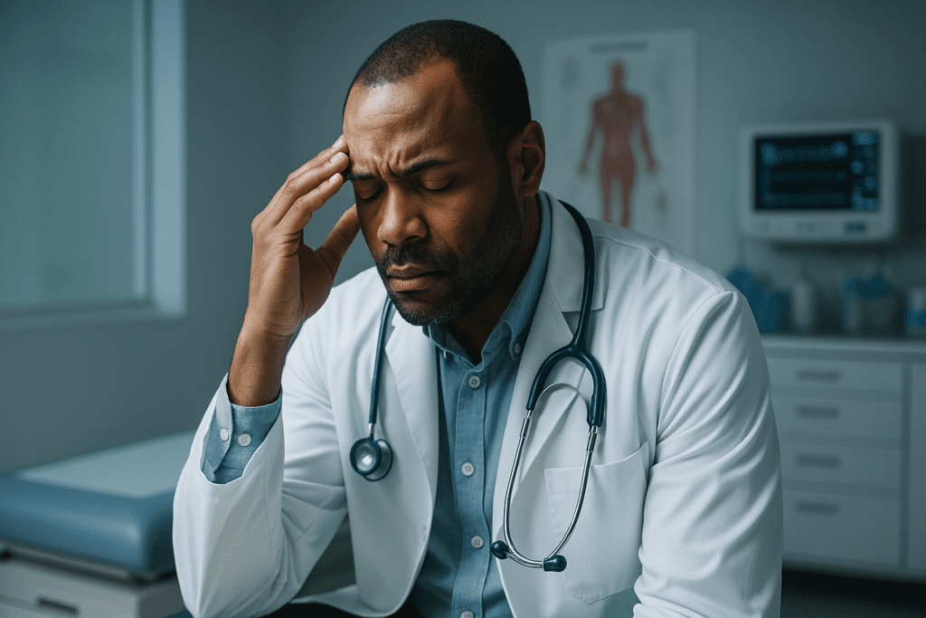 A tired-looking male doctor in a white coat sits in a sterile medical office under warm indoor lighting, pressing his fingers to his temple in visible fatigue. The clinical setting and his contemplative pose convey the mental strain of diagnosing conditions that mimic hypoglycemia without diabetes