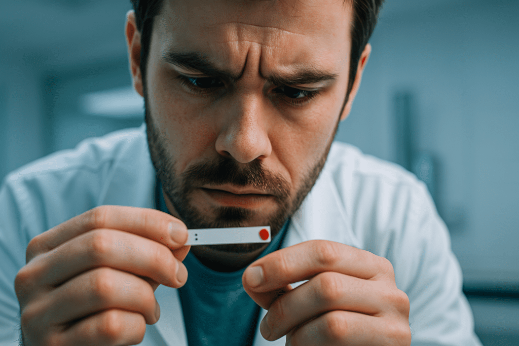 A young male scientist in a lab coat intently examines a blood glucose test strip under cool clinical lighting in a laboratory environment. His focused expression and the sterile background highlight the scientific precision involved in identifying causes of non-diabetic hypoglycemia and fasting-related glucose irregularities