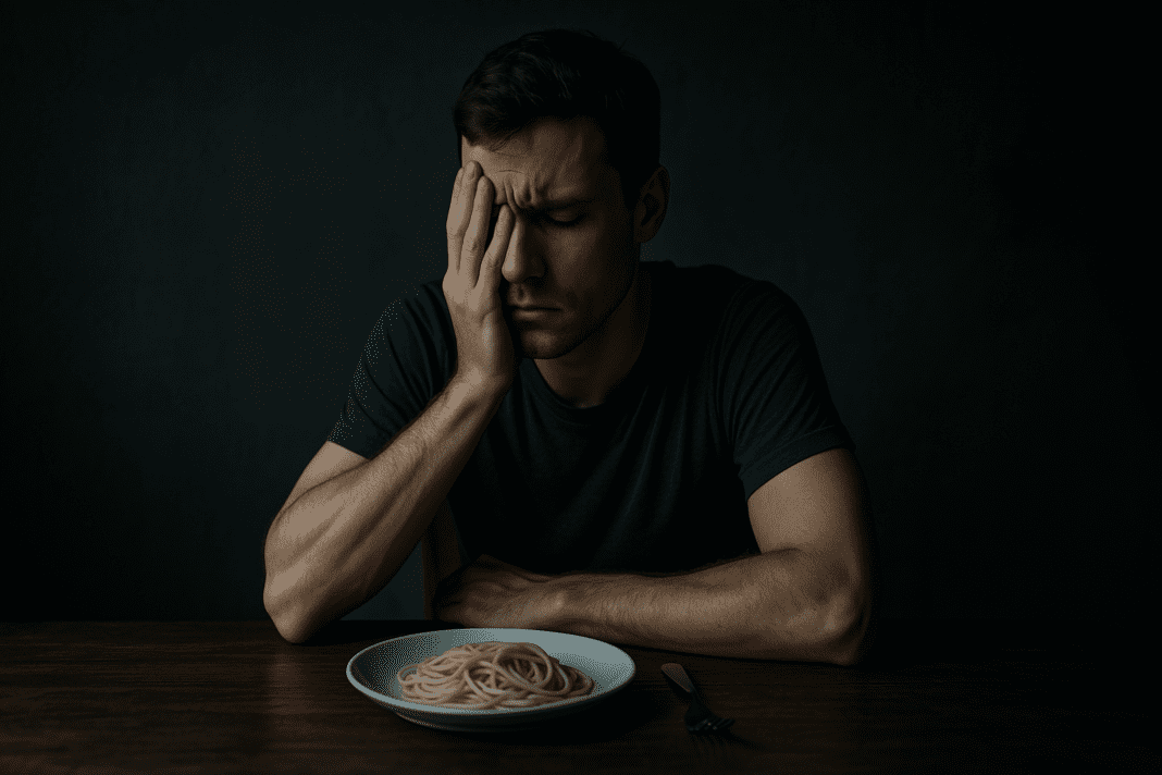 A solitary man sits at a wooden table under dramatic, moody lighting, resting his face in his hand next to a plain plate of dry spaghetti and a fork. The somber ambiance underscores the emotional and physical effects of fasting risks associated with non-diabetic hypoglycemia