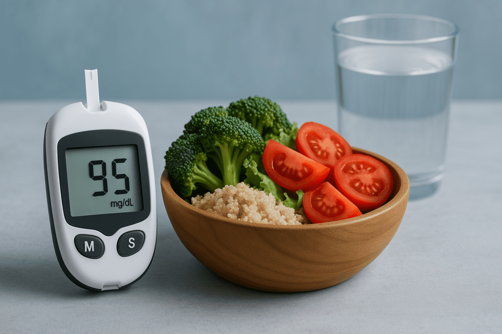 A digital photograph displays a glucometer in the foreground reading 95 mg/dL beside a wooden bowl filled with fresh vegetables and quinoa, all set on a clean surface with cool clinical lighting. This visually reinforces the role of balanced meals in naturally lowering blood sugar levels