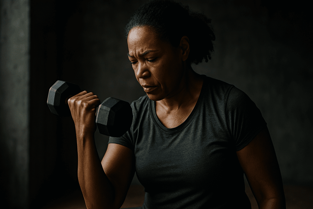A photograph captures a middle-aged African American woman performing a bicep curl in a dark, industrial space with moody lighting. The dramatic shadows and her focused posture highlight strength training as an effective natural strategy for lowering blood sugar