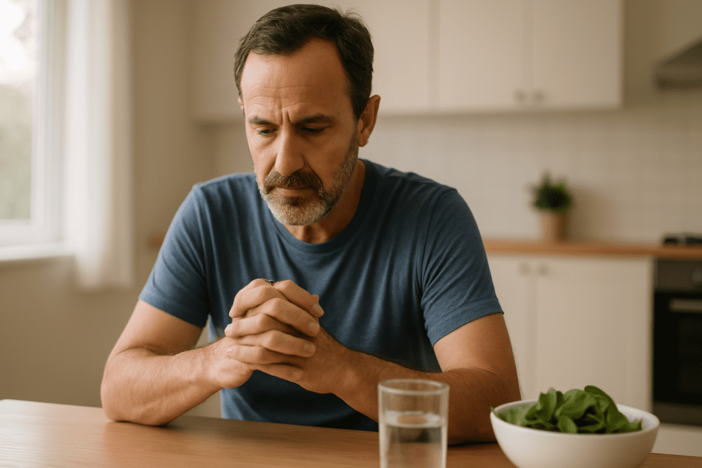 Middle-aged man reflecting quietly at a minimalist kitchen table, surrounded by fresh spinach and water, in soft morning light