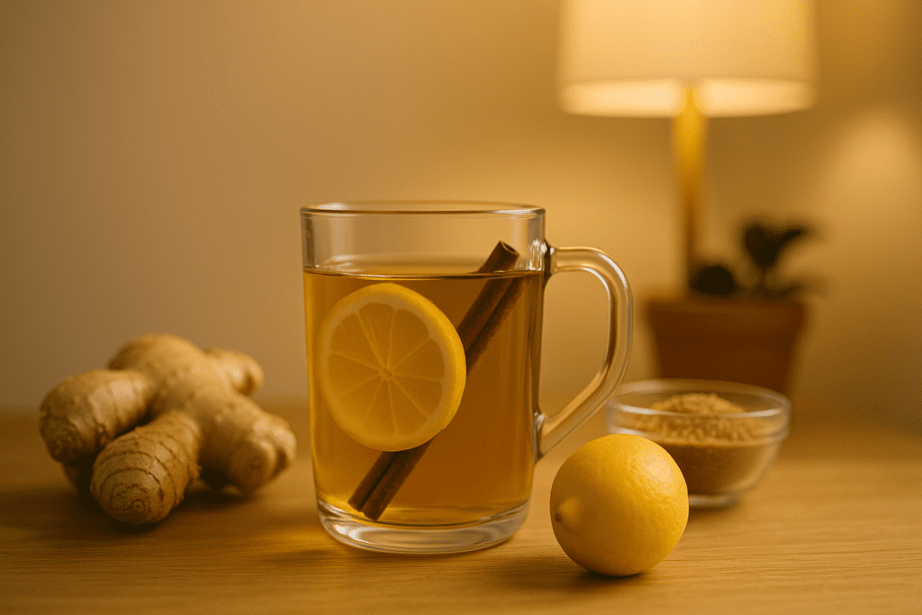 Glass mug of herbal cinnamon and lemon tea on a wooden surface, surrounded by ginger and warm ambient lighting