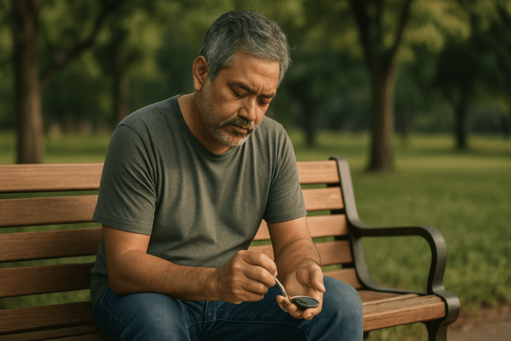 Older man checking his blood sugar on a wooden bench in a tranquil park, wearing casual clothes