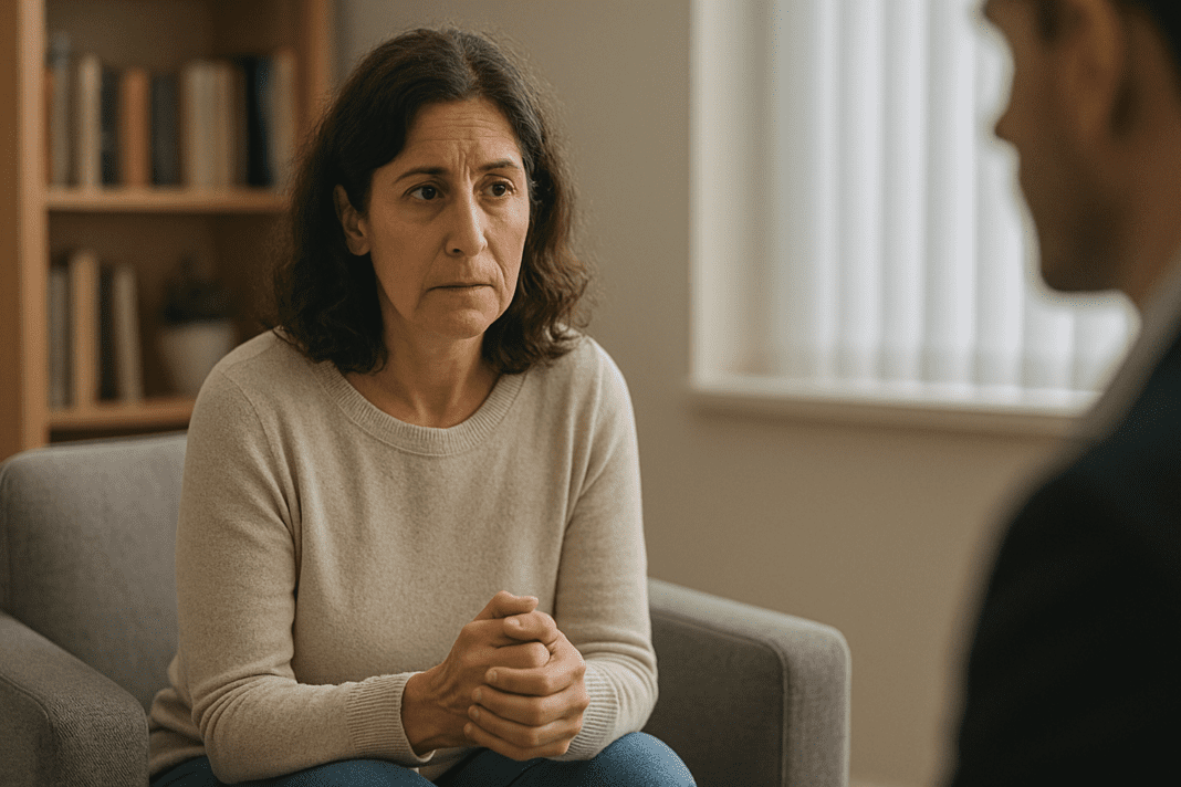 Woman in therapy setting listening attentively, seated in a simple armchair with soft natural lighting
