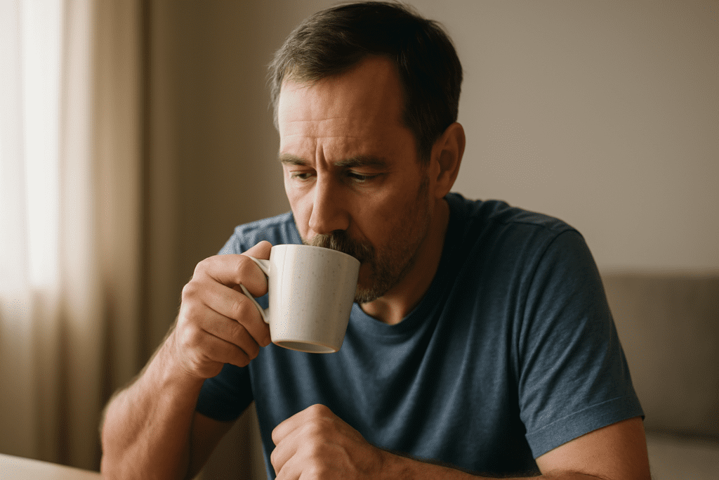 A middle-aged man with a contemplative expression sips coffee in a softly lit room, evoking quiet reflection.
Seated alone in warm morning light, the man appears deep in thought while holding a ceramic mug