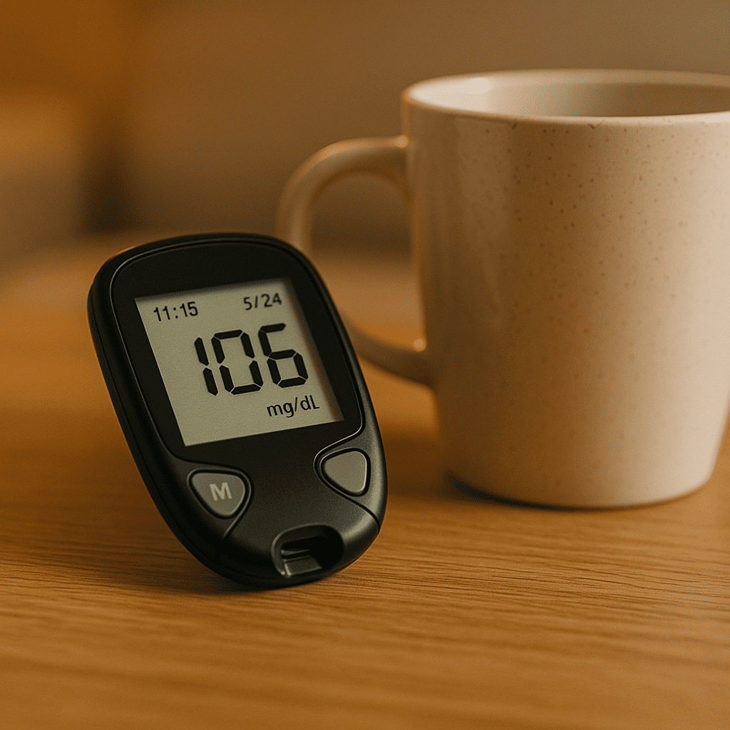 A digital glucose meter reads “106 mg/dL” beside a coffee mug on a wood table, captured in soft ambient light.
Close-up of a blood sugar monitor and mug, emphasizing personal health monitoring in a calm setting