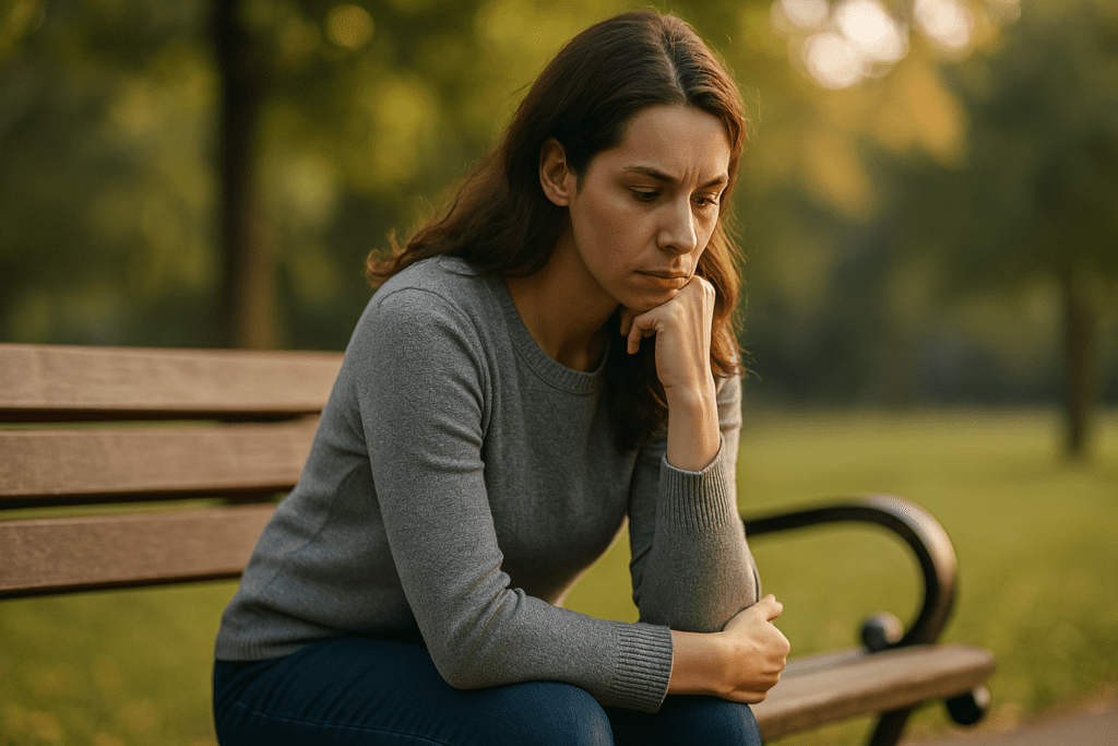 A woman sits thoughtfully on a park bench at sunset, her posture and gaze expressing introspection.
Soft natural light bathes a woman in a gray sweater as she reflects quietly outdoors