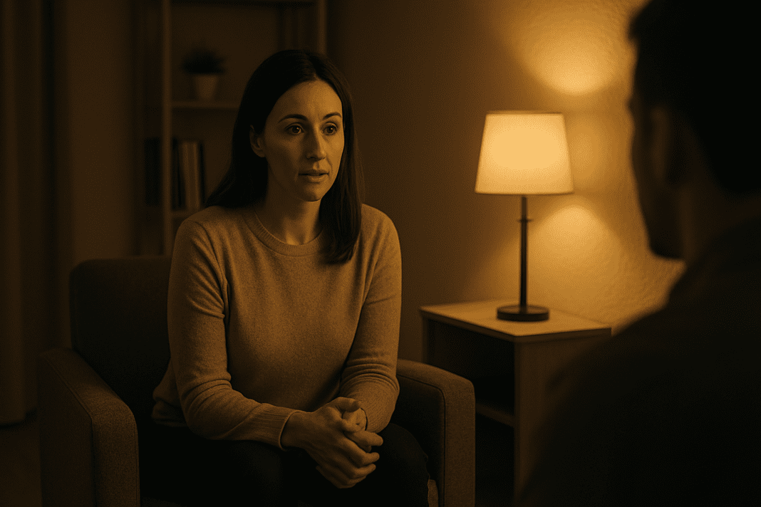 A woman in her late 30s sits attentively in a softly lit therapy room, her expression calm and engaged during a quiet evening session. Dim ambient lighting highlights a woman’s thoughtful posture as she listens during a counseling session in a minimalist, warm-toned room.