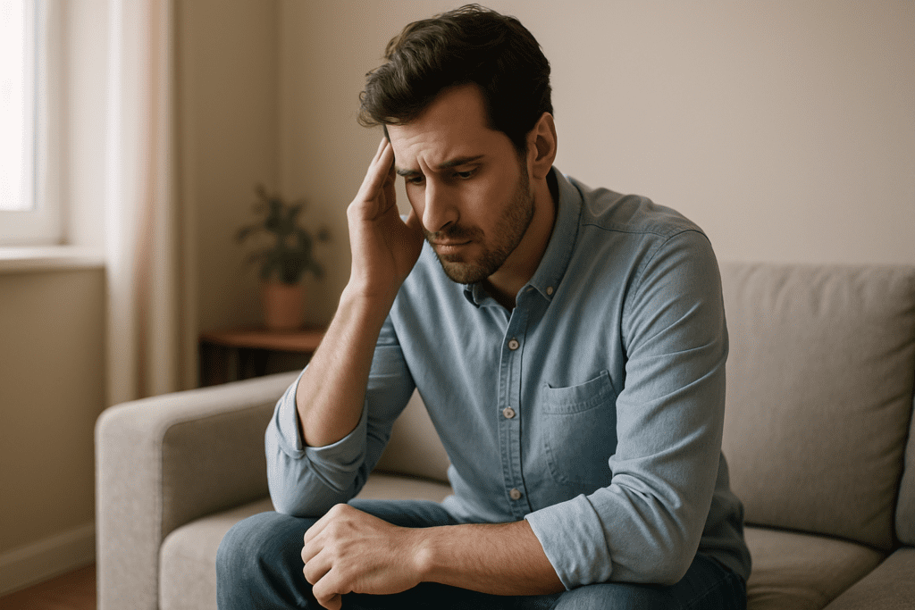 A young man sits in quiet reflection on a gray sofa, gently lit by soft morning light through a nearby window.
Thoughtful and introspective, he rests his head on one hand in a calm, minimalist living space with neutral decor