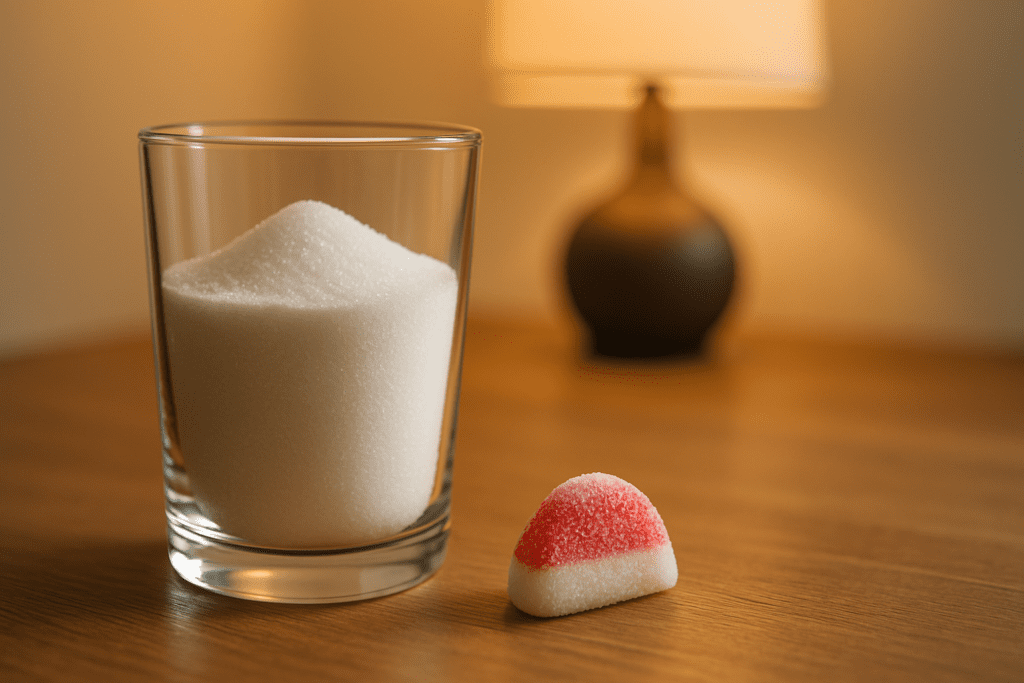 A clear glass filled with white sugar sits beside a red-and-white gummy candy on a wooden surface, warmly lit by ambient lamplight.
The scene symbolizes sugar consumption with cozy indoor lighting and minimal background distractions