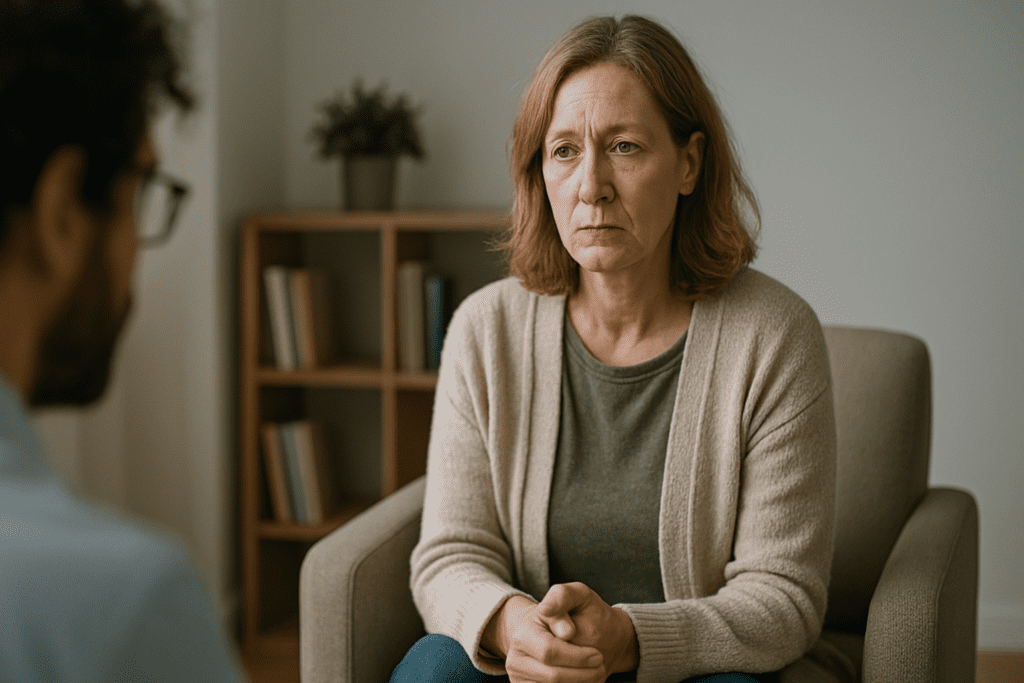 A middle-aged woman listens intently during a therapy session in a softly lit office, her expression calm and focused.
The image captures a moment of emotional presence in a clean, modern therapy space with neutral tones and minimal decor