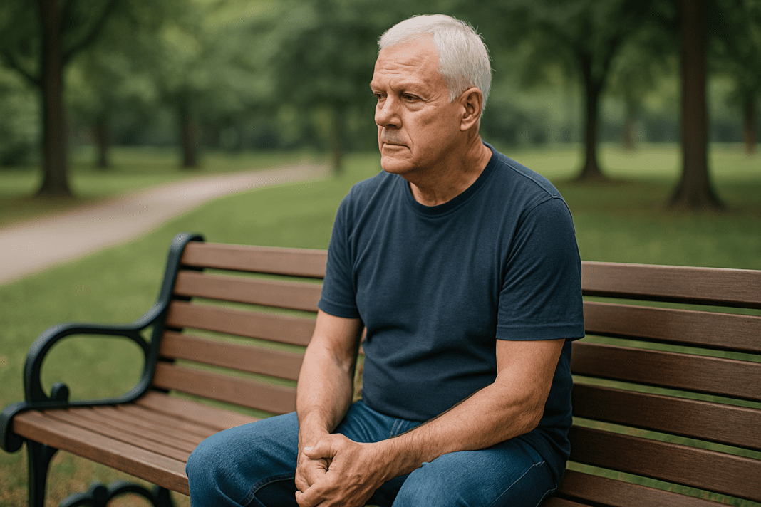 An elderly man gazes thoughtfully while seated on a wooden park bench, surrounded by blurred greenery and soft morning light. The peaceful outdoor scene evokes contemplation, with natural textures and a quiet atmosphere