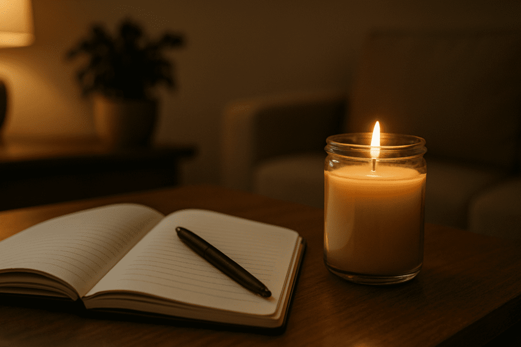 An open journal and pen rest beside a lit candle on a wooden table, surrounded by warm, ambient indoor lighting