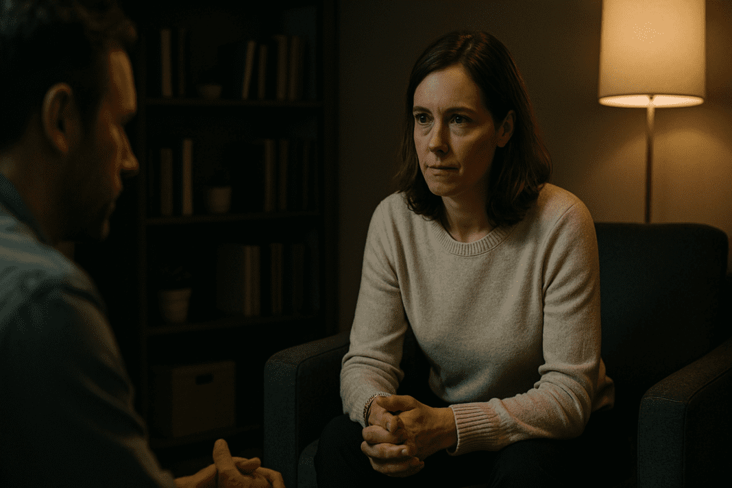 A female therapist listens intently to a client during a counseling session in a softly lit, warmly decorated room