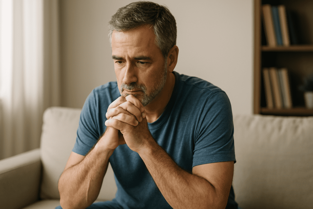 A contemplative middle-aged man with gray hair sits on a beige couch in a softly lit room, hands clasped near his face, conveying deep thought