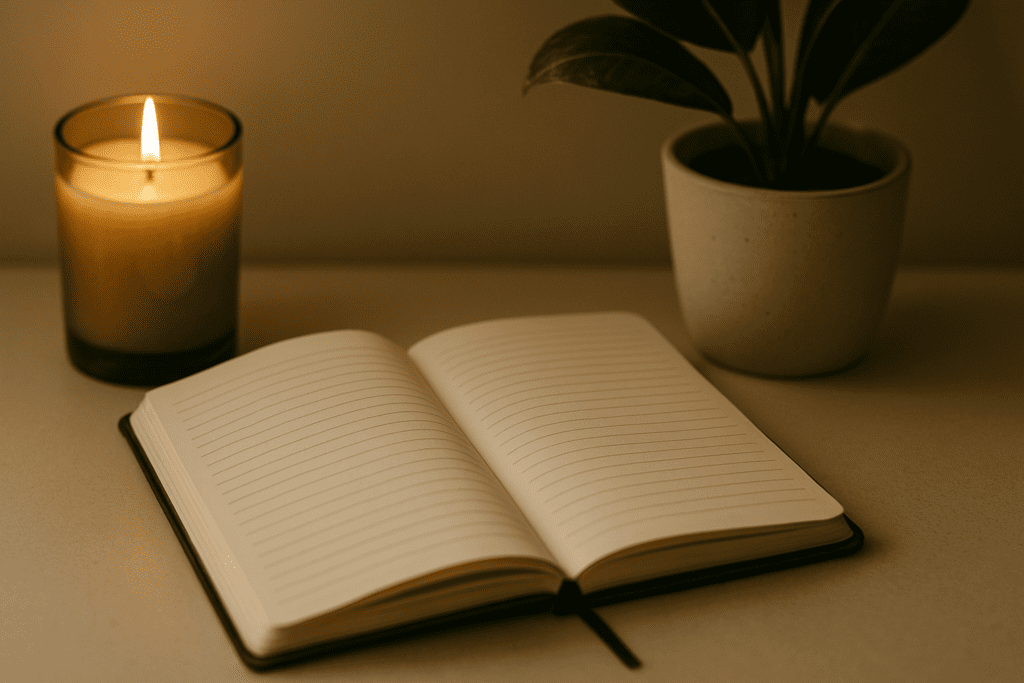 A minimal scene with an open lined notebook, a glowing amber candle, and a green potted plant on a light surface under soft ambient light