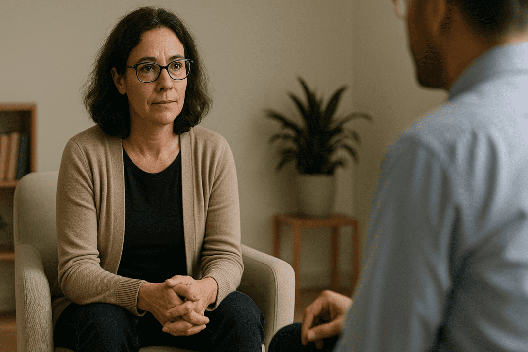 A woman with glasses listens attentively during a therapy session, sitting calmly in a modern counseling room with soft lighting and a plant in the background
