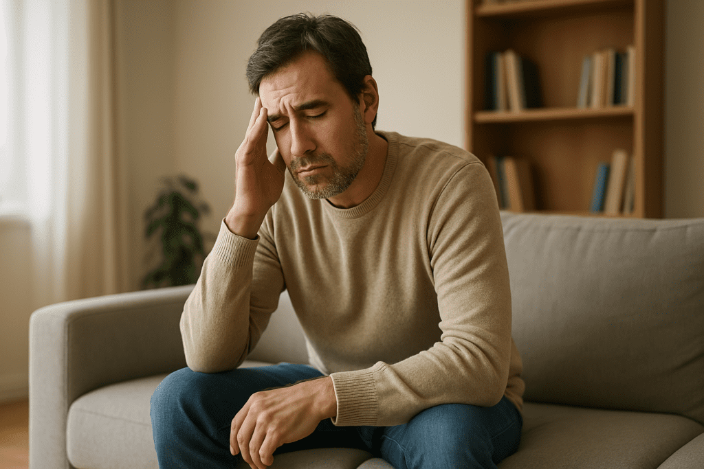 Middle-aged man sitting on a sofa with eyes closed and hand on forehead, appearing fatigued in a softly lit living room