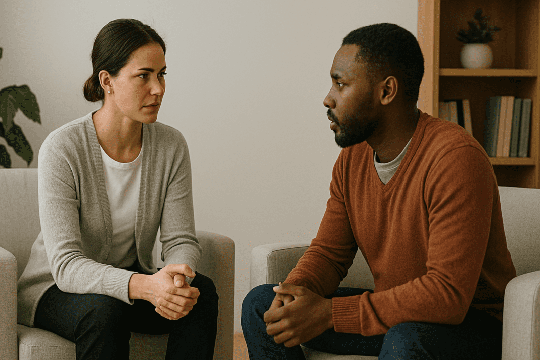 Female therapist and male client engaged in a focused conversation in a minimalist therapy office